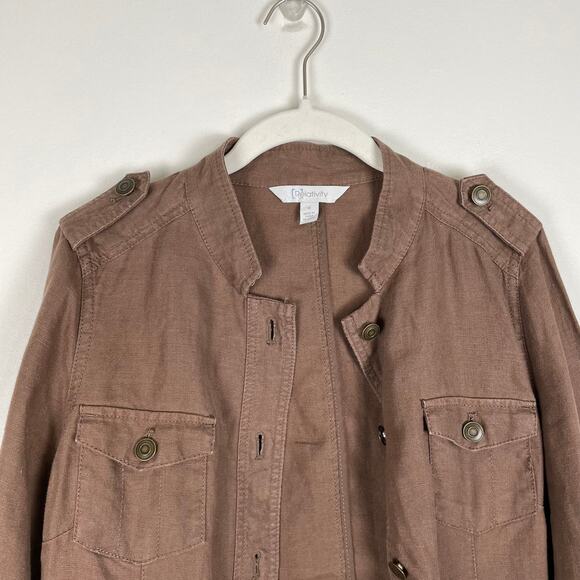 y2k Relativity Brown 100% Linen Utility Jacket Womens M Button Up Lightweight - Picture 5 of 12